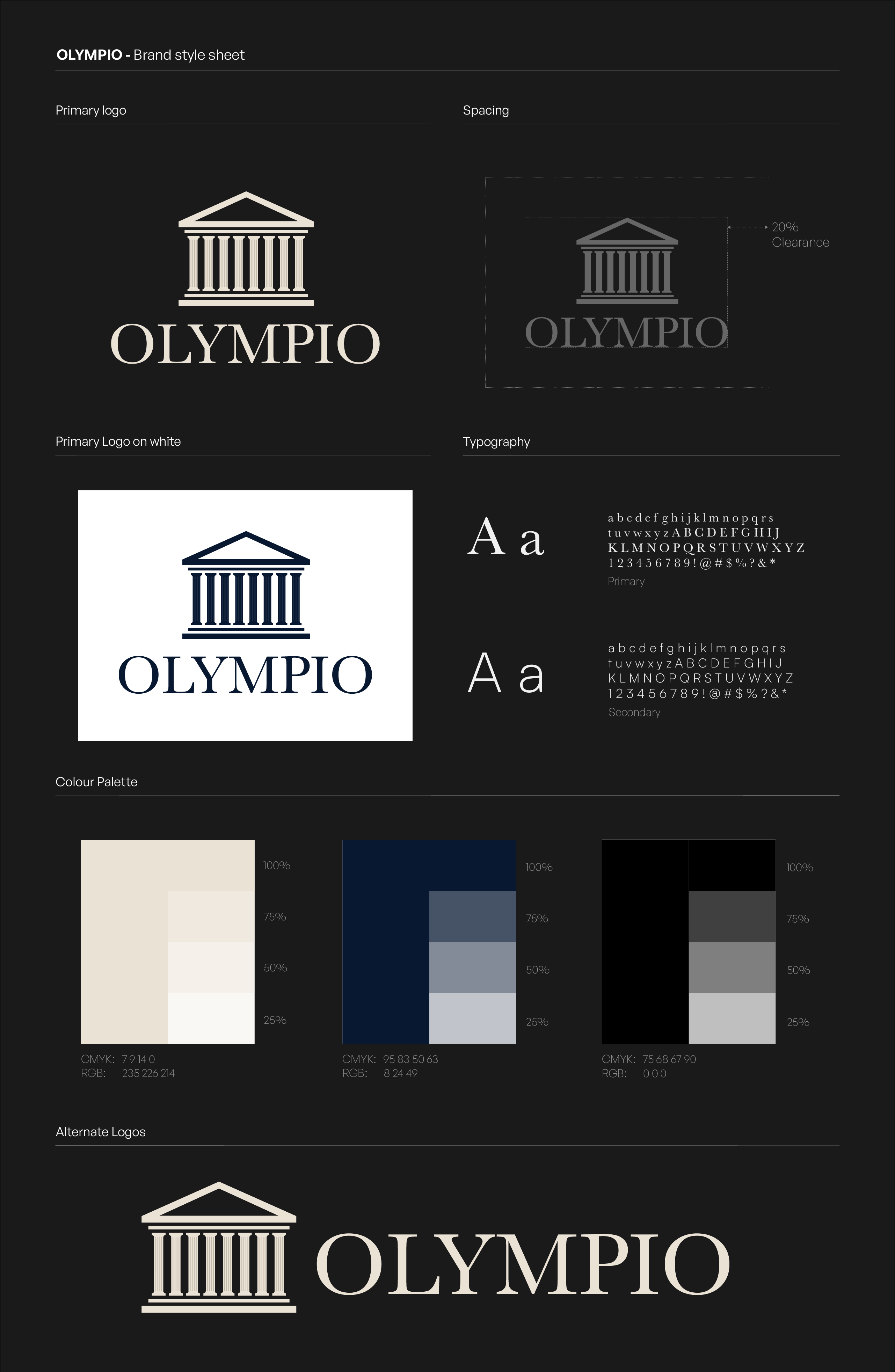 OLYMPIO brand style sheet showing the primary logo with a classical building icon and OLYMPIO text in beige on black background, spacing guidelines with 20% clearance around the logo, primary logo on white background in dark blue, typography samples for primary and secondary fonts with uppercase, lowercase letters and special characters, a colour palette with beige, dark blue, and black shades including CMYK and RGB values, and alternate logo with the icon to the left of OLYMPIO text in beige on black.