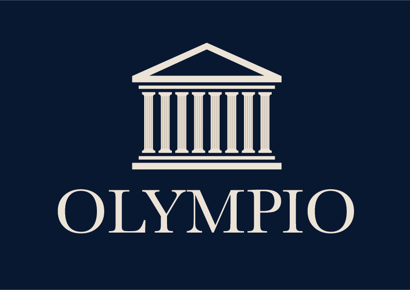 Classical building icon with columns above the word OLYMPIO in capital letters on a dark blue background.