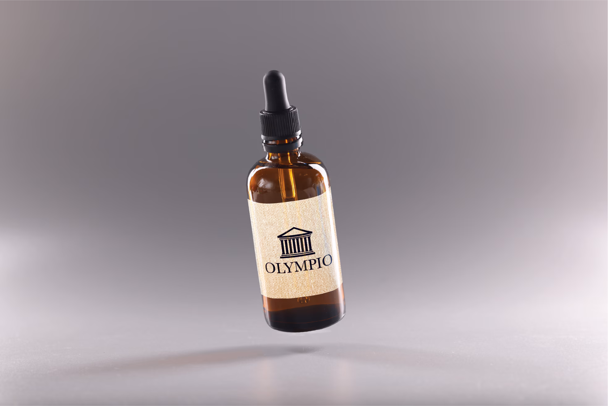 Amber glass dropper bottle with a black dropper cap labeled 'OLYMPIO' featuring a stylized building logo, set against a soft gray gradient background.