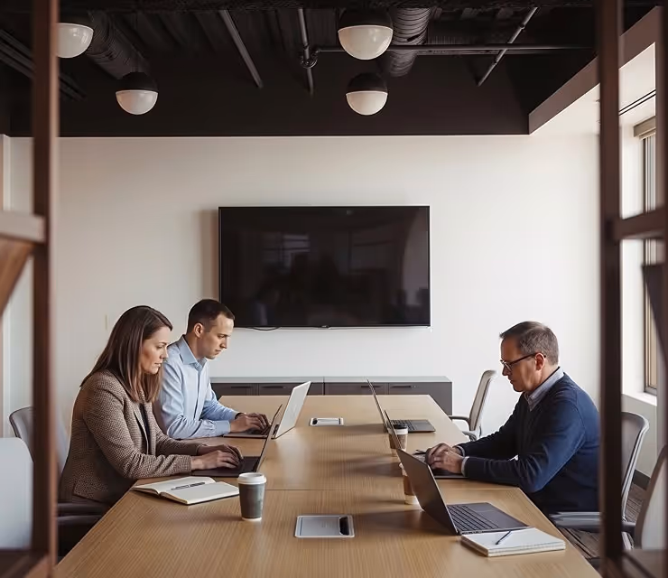 Three business professionals working on laptops around a conference table in a modern office meeting room.