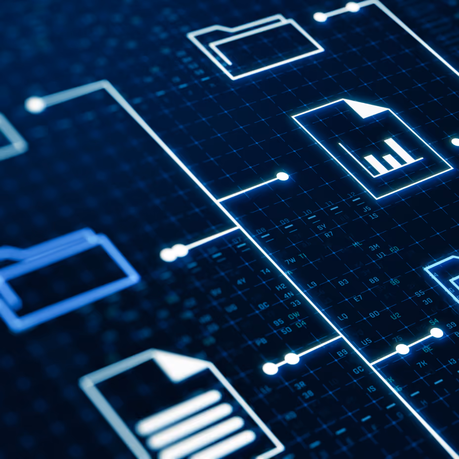 Digital network diagram with connected files and a central analytics document icon.
