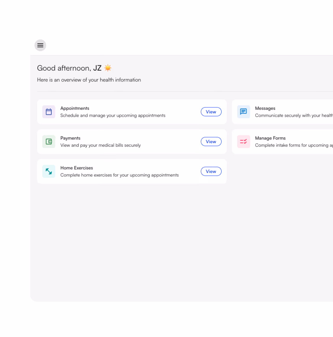 Patient portal for appointments, payments, messages, forms, and home exercises.
