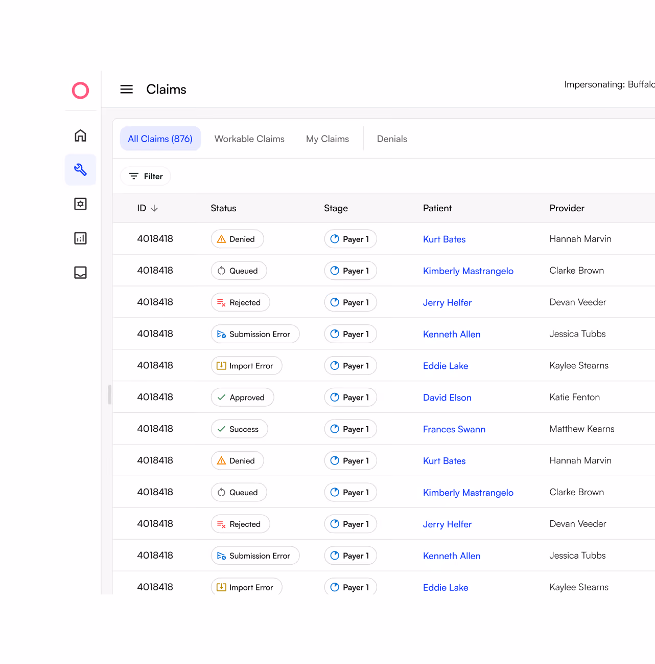 Claims dashboard showing claim statuses, stages, patients, and providers.

