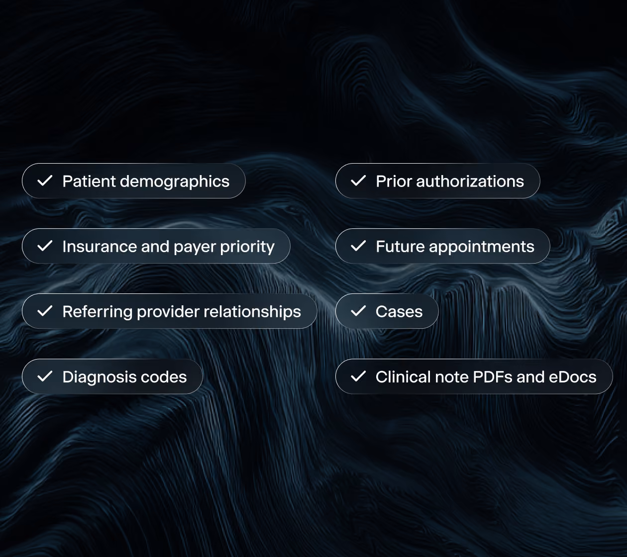 Patient data includes demographics, insurance, diagnoses, prior authorizations, appointments, cases, and clinical notes.
