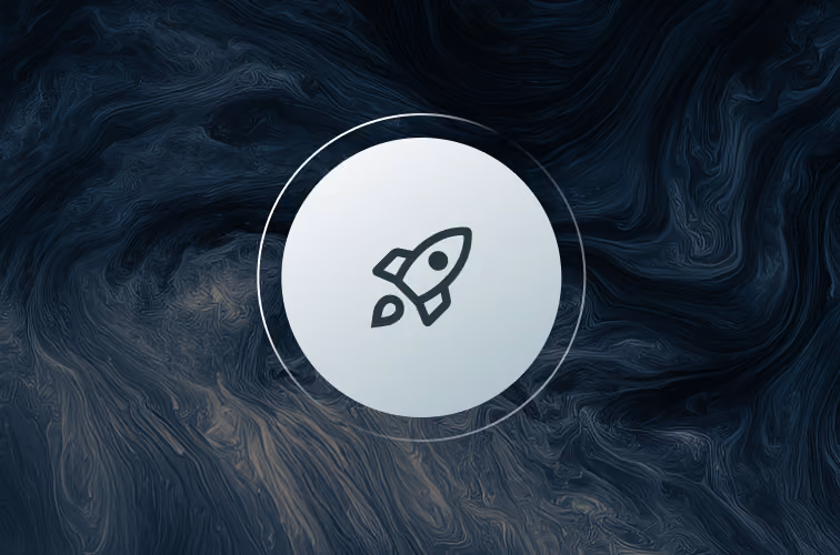 Rocket icon on a dark abstract background.