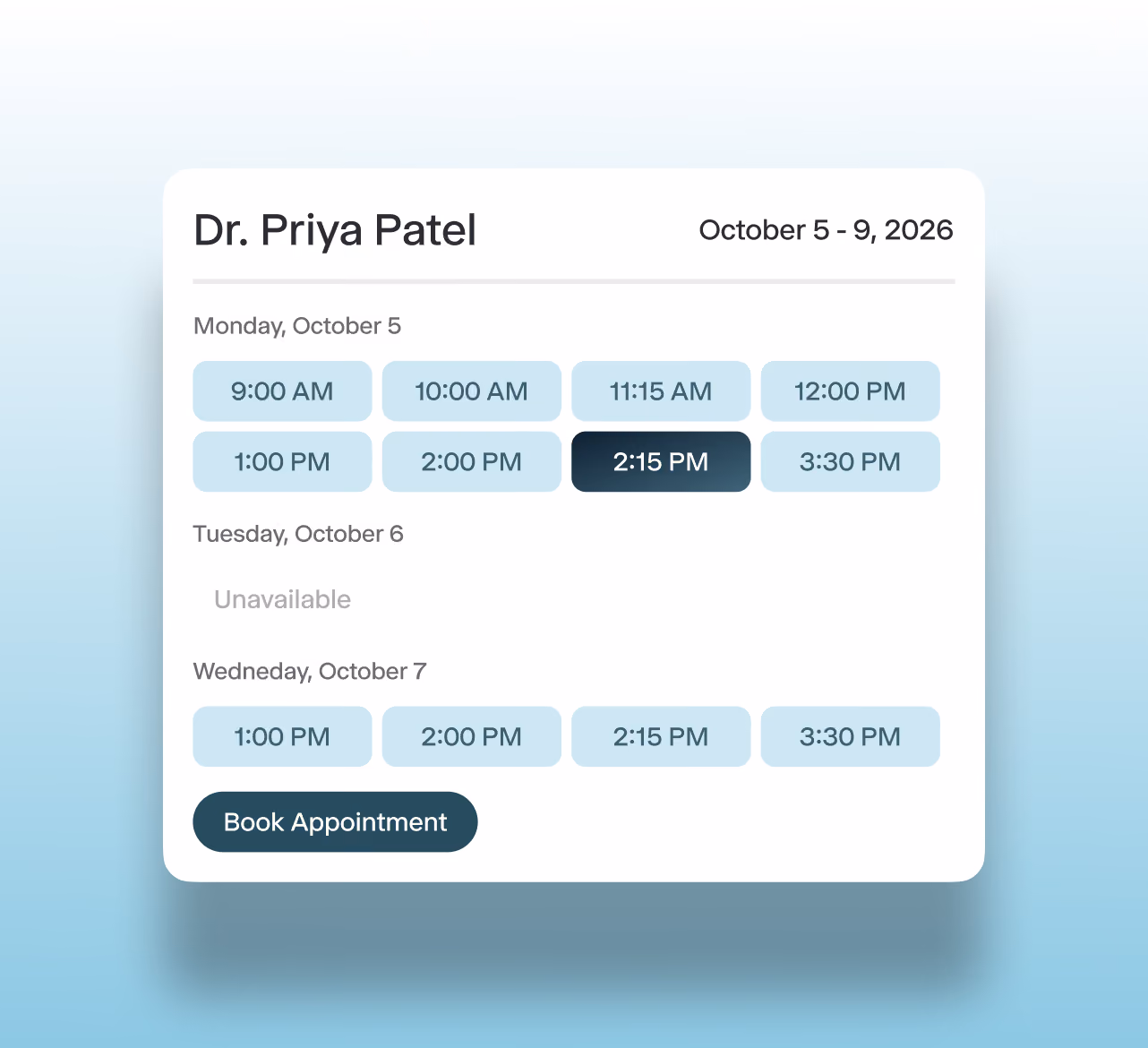 Doctor appointment booking interface showing available time slots, selected appointment time, and a booking button.