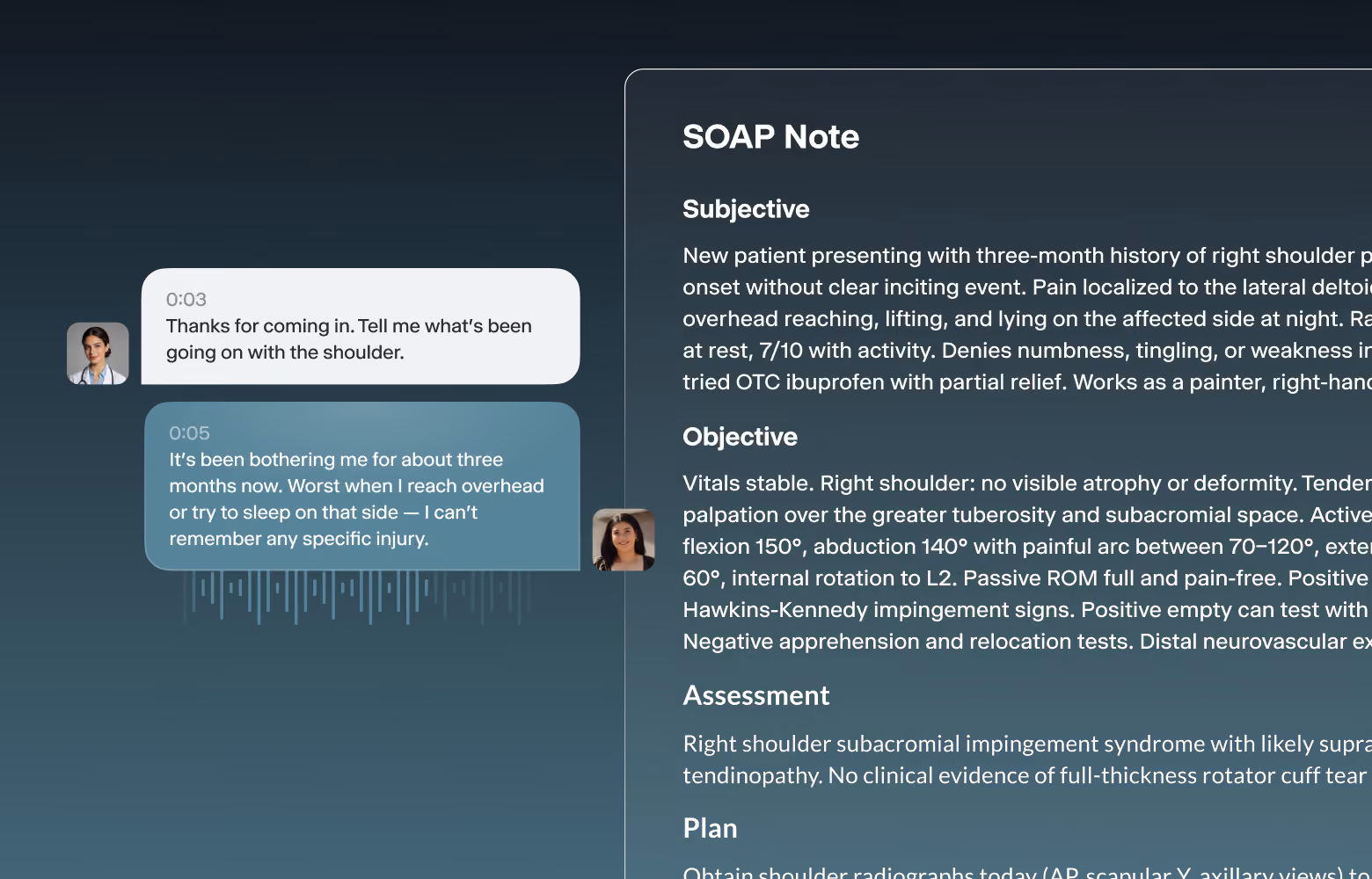 AI-powered medical documentation interface showing a doctor-patient conversation being automatically transcribed and converted into a structured SOAP note, including Subjective, Objective, Assessment, and Plan sections.