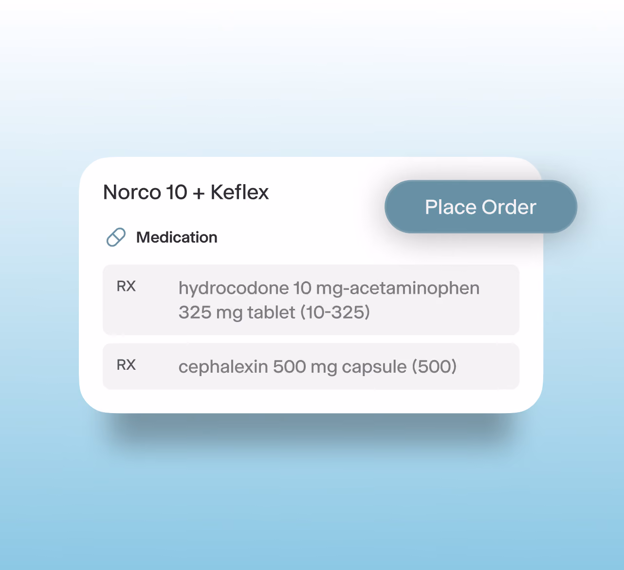 Air EHR medication ordering interface showing prescriptions for hydrocodone-acetaminophen and cephalexin, with a streamlined workflow for placing medication orders.
