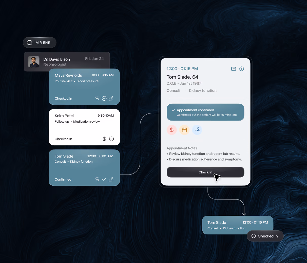 Air EHR patient scheduling and check-in interface showing appointment management, patient details, visit status updates, and a streamlined check-in workflow for healthcare providers.
