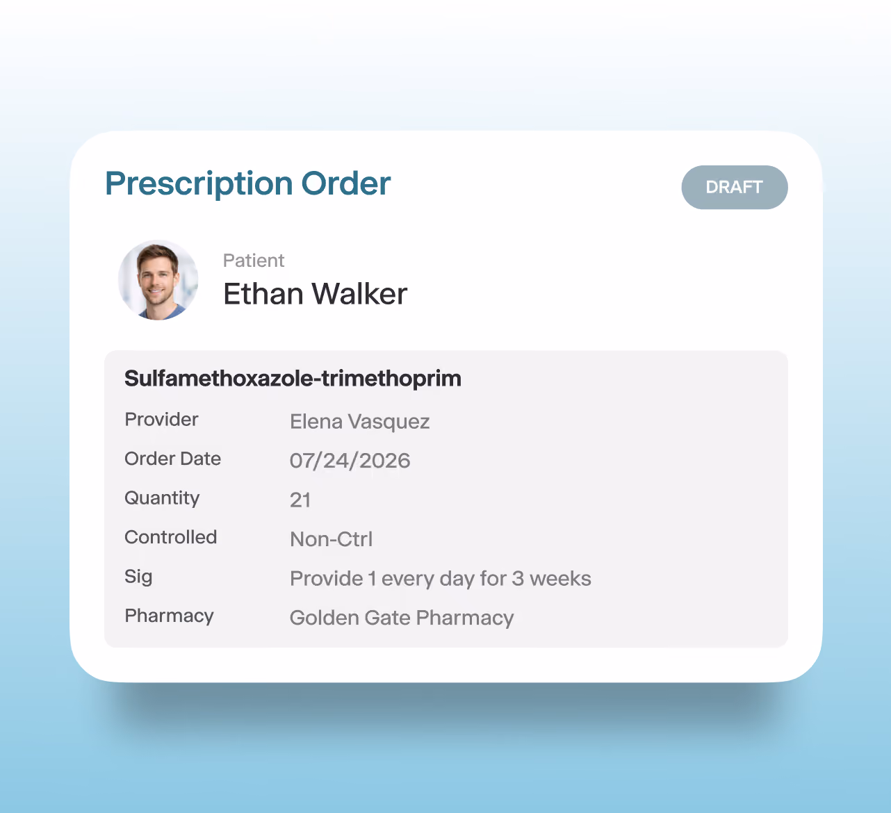 Air EHR prescription order interface displaying a draft medication prescription with patient information, prescribing provider, order date, dosage instructions, quantity, and pharmacy details.