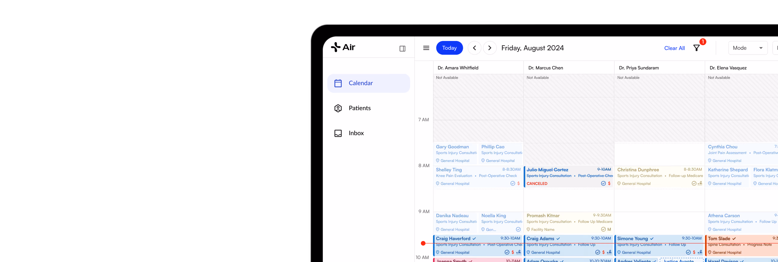Air medical scheduling dashboard displaying a daily calendar with multiple providers, patient appointments, and visit statuses.