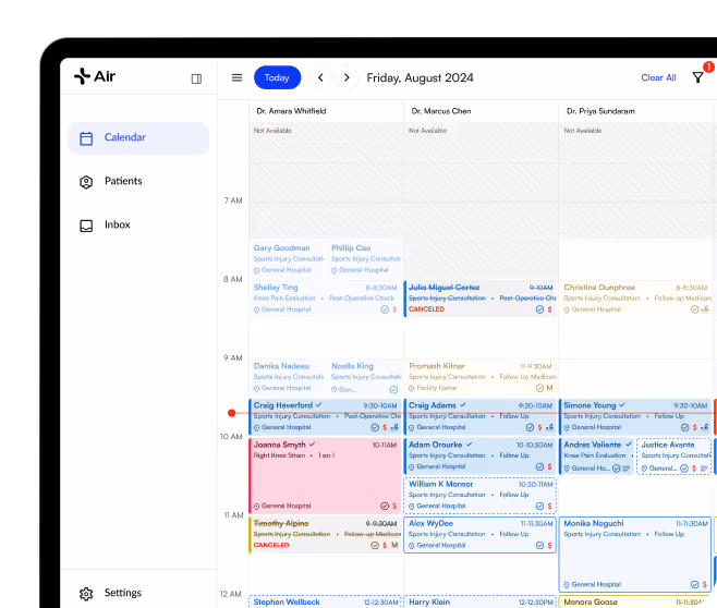 Medical scheduling dashboard showing a daily appointment calendar with multiple providers, patient visits, and appointment statuses.