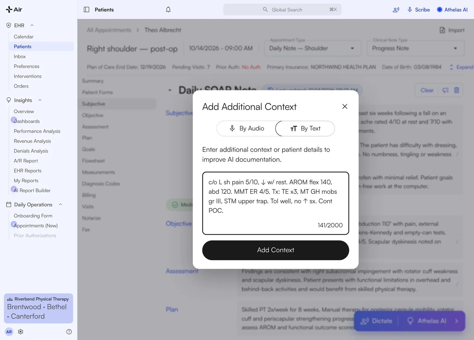 Add Additional Context dialog over the chart note, with shorthand typed in the By Text tab
