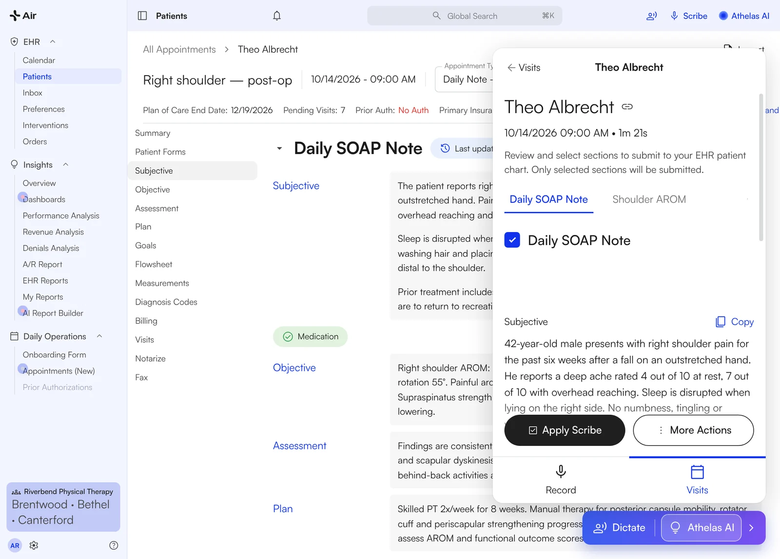 Air chart note with the Scribe panel open: Daily SOAP Note selected, Subjective and Objective drafted, Apply Scribe button
