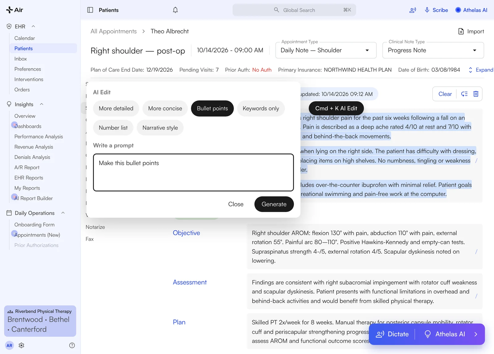 Cmd + K AI Edit popover over a highlighted Subjective section, with the prompt Make this bullet points
