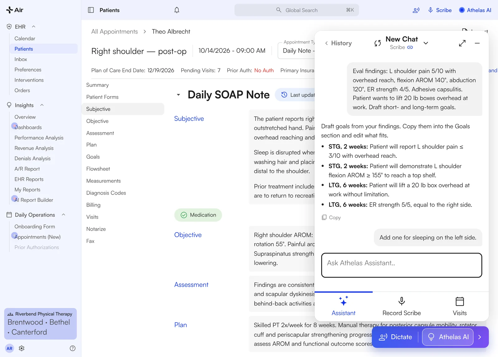Athelas Assistant panel beside the chart drafting short- and long-term goals from typed eval findings, with a Copy button