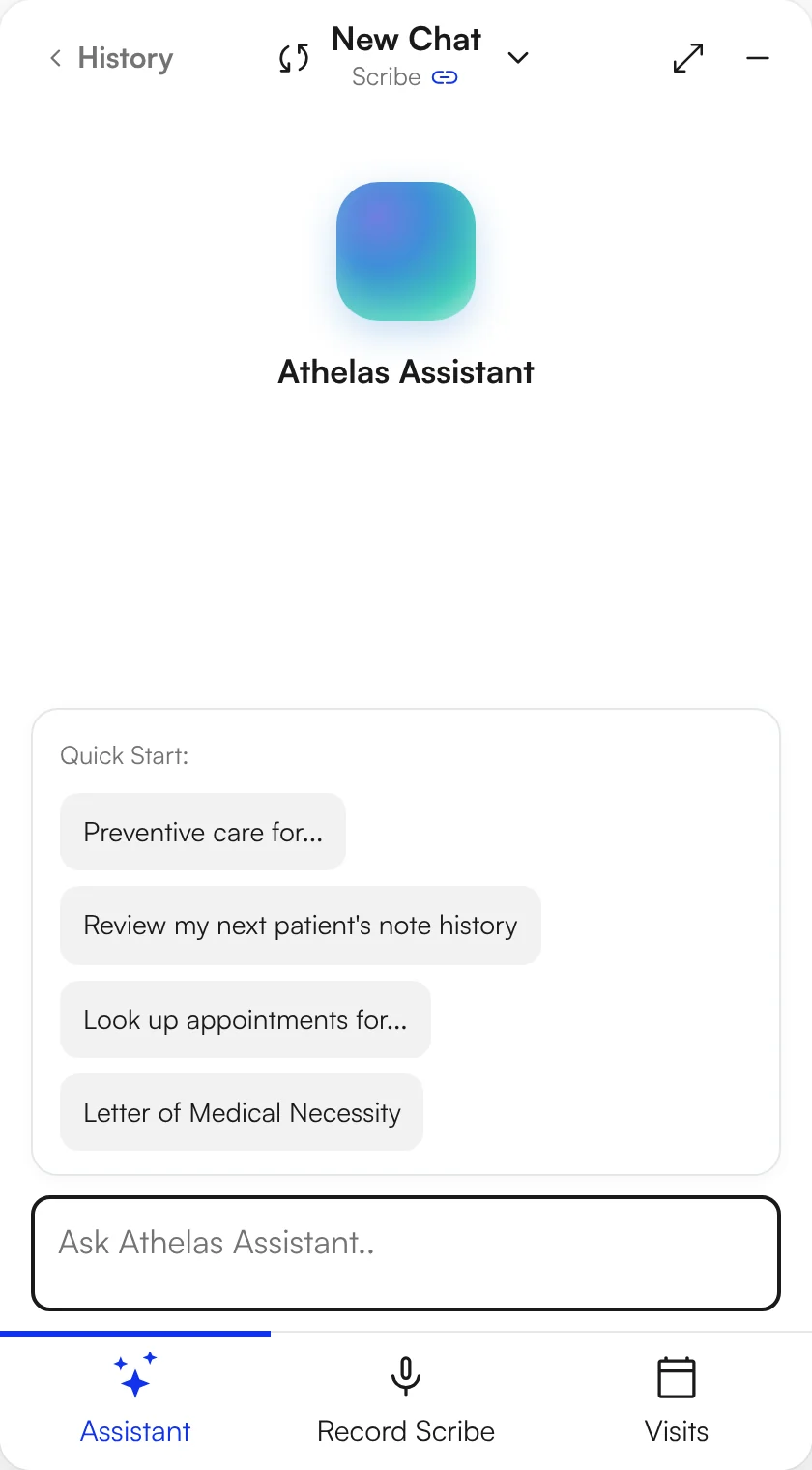 Athelas Assistant quick-start panel with the question typed in