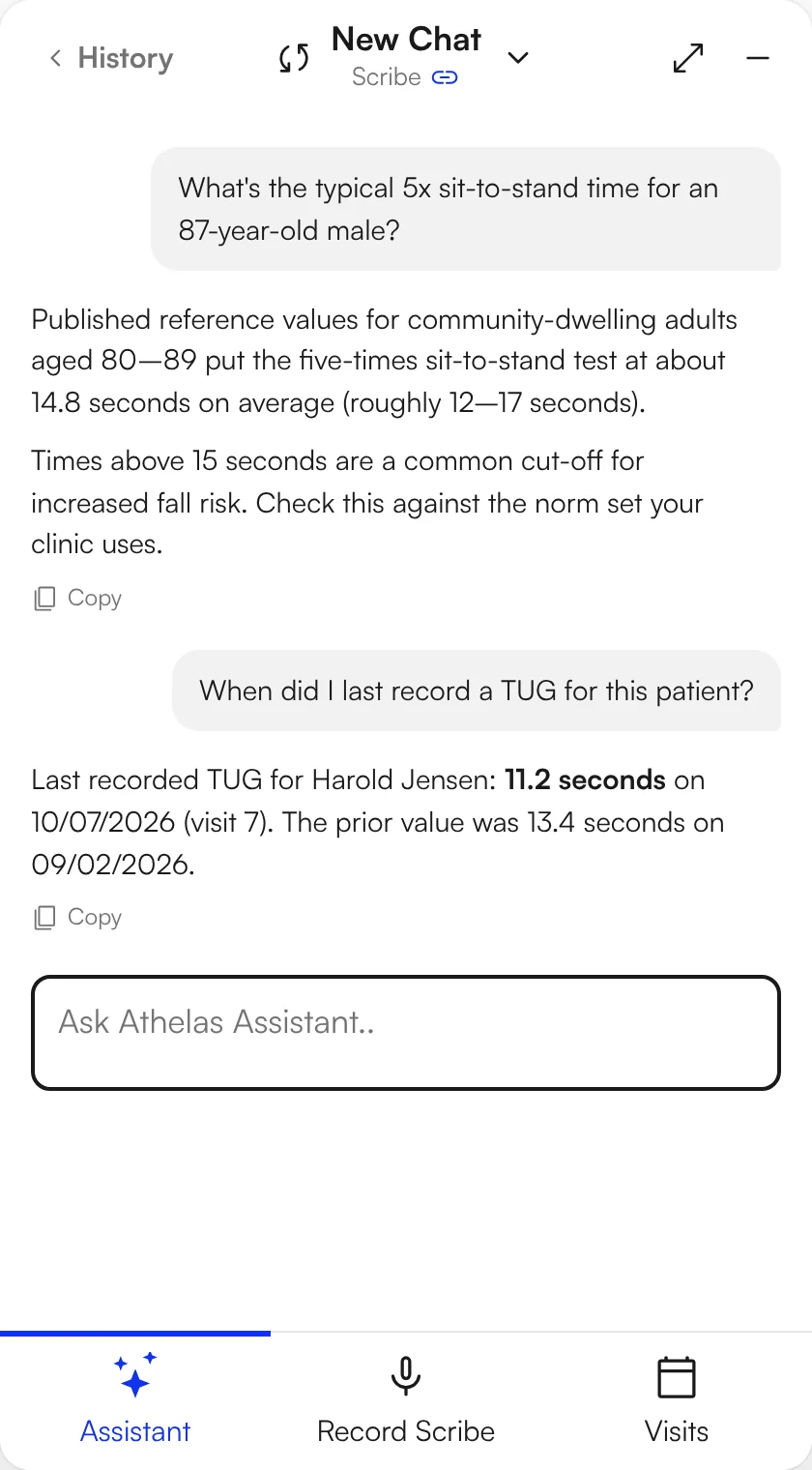 Assistant answer with reference values and a Copy button