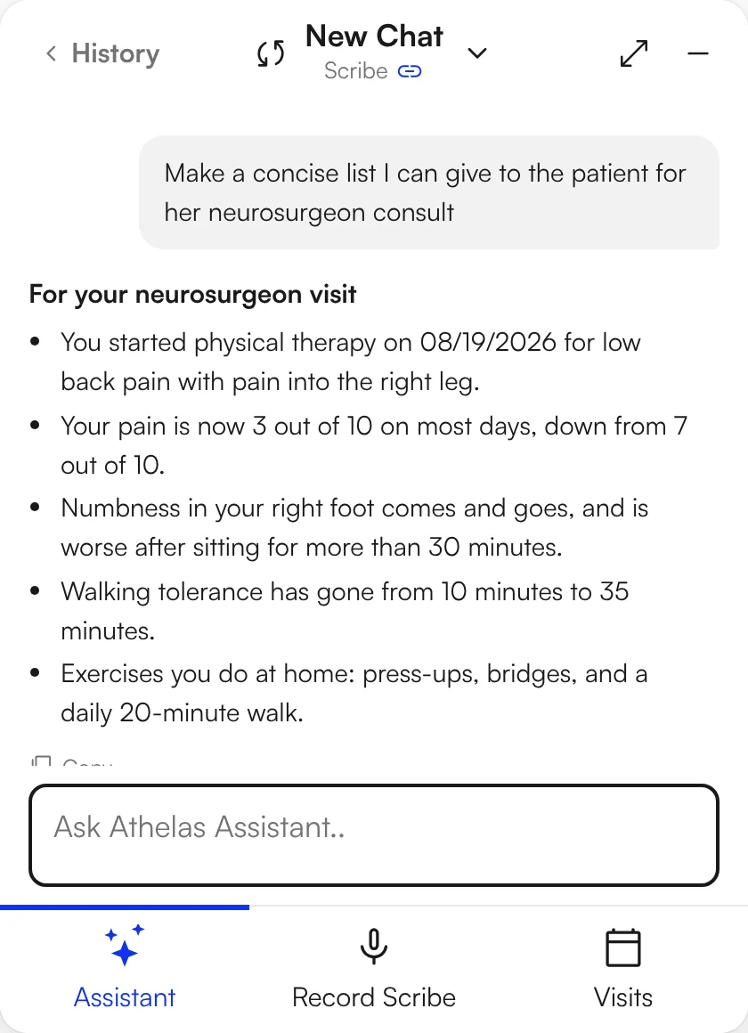 Assistant drafting a plain-language list for a patient's neurosurgeon visit