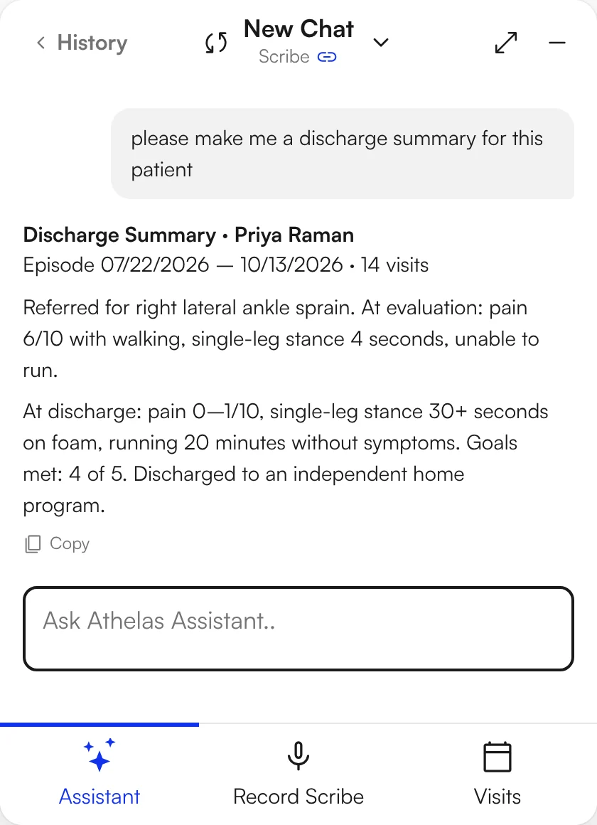 Assistant drafting a discharge summary from a 14-visit episode
