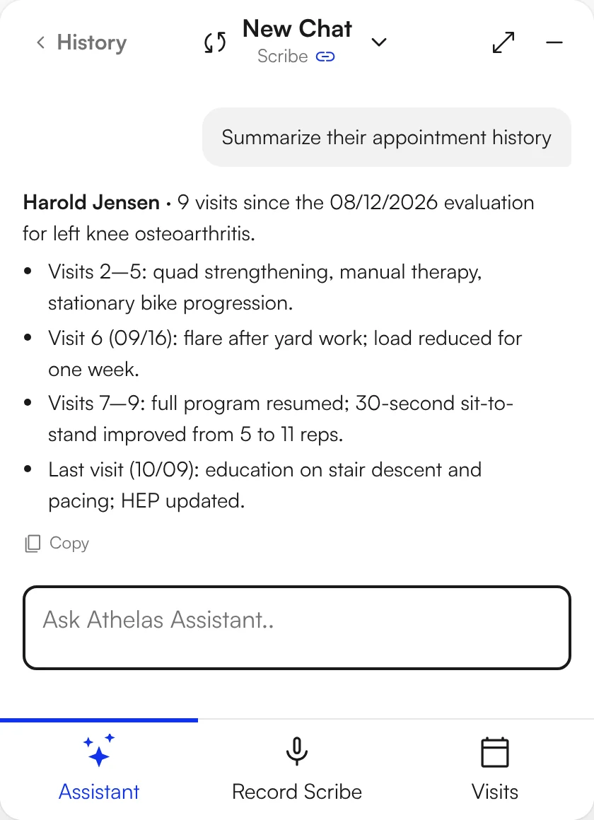 Assistant summary of a patient's nine-visit appointment history