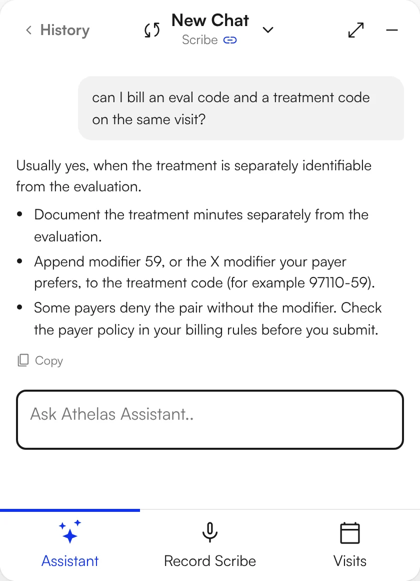 Assistant answering whether an eval code and a treatment code can be billed on the same visit