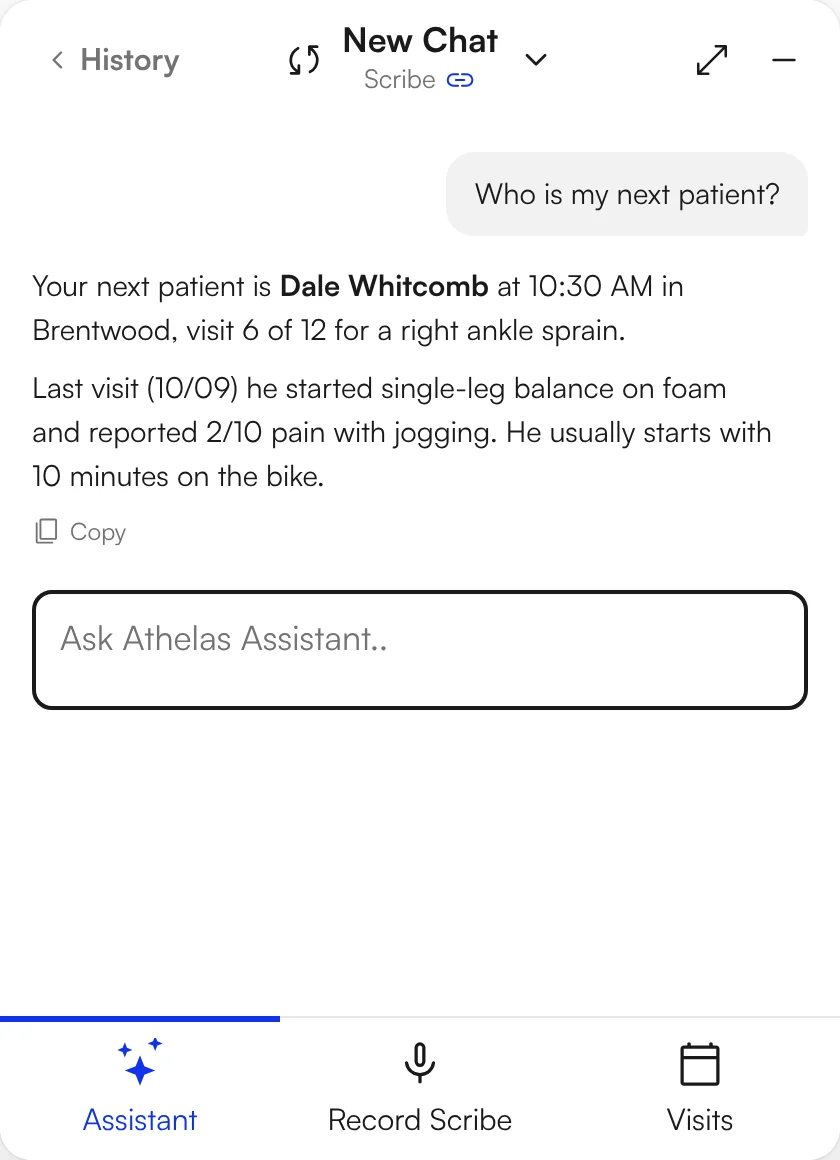 Assistant answering who the next patient is, with a one-line history