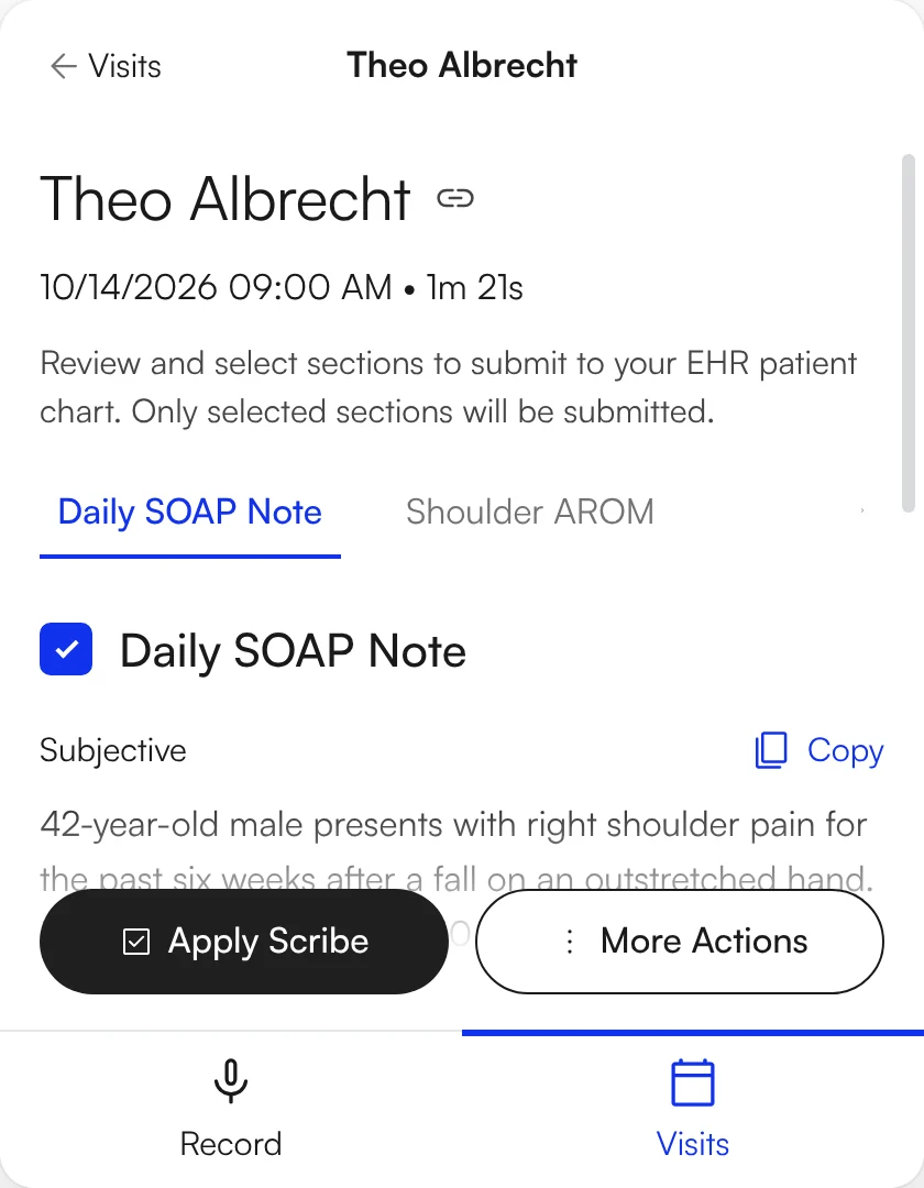 Air Scribe review panel with the drafted Subjective and Apply Scribe button