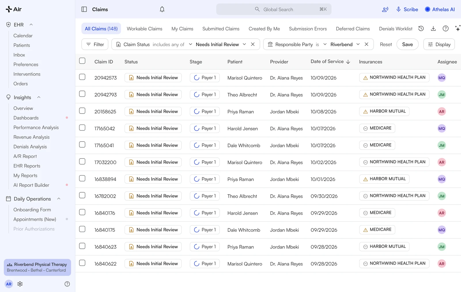 Claims worklist with saved filters, status and assignee per row