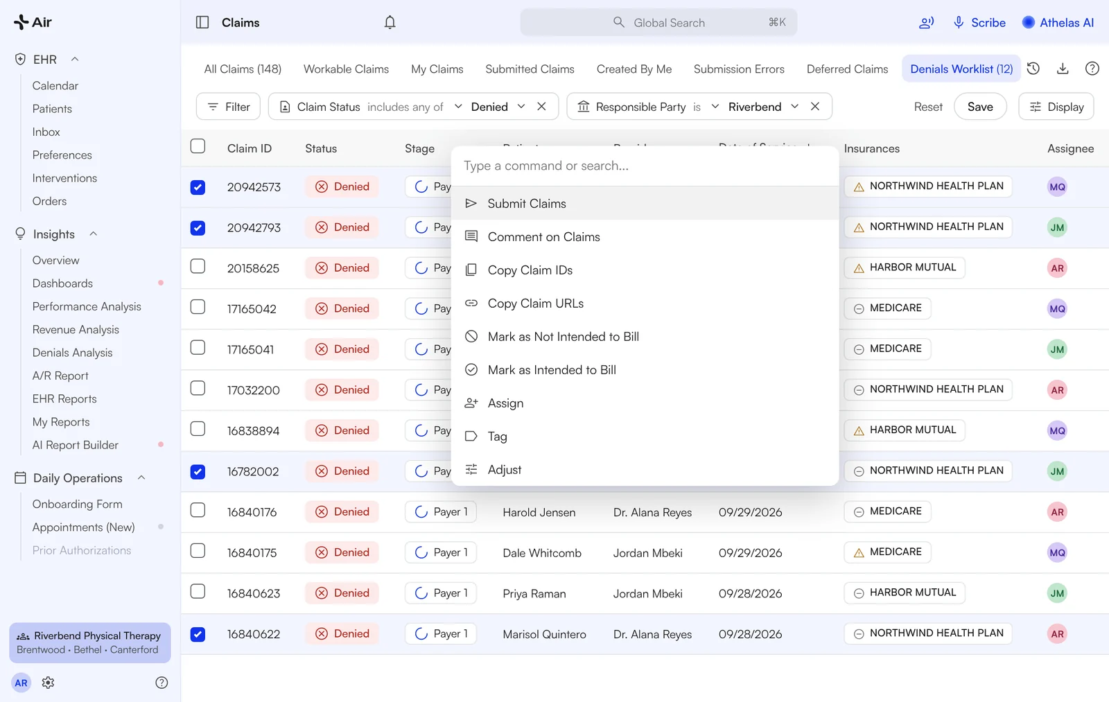 Claims list with plain-English filters and bulk actions