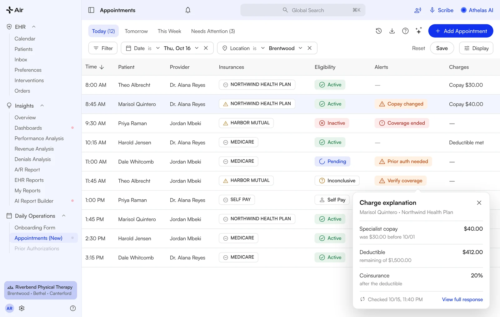 Appointments list in Air with eligibility alerts per visit