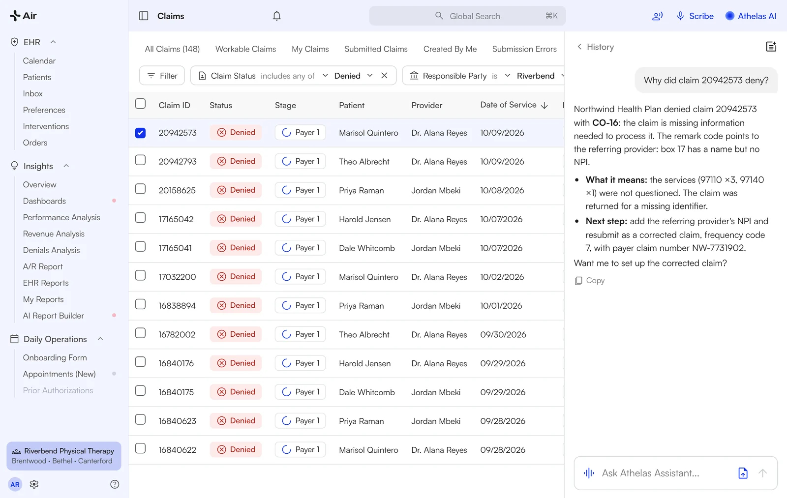 Denied claim in Air with the AI denial summary and an Analyze button