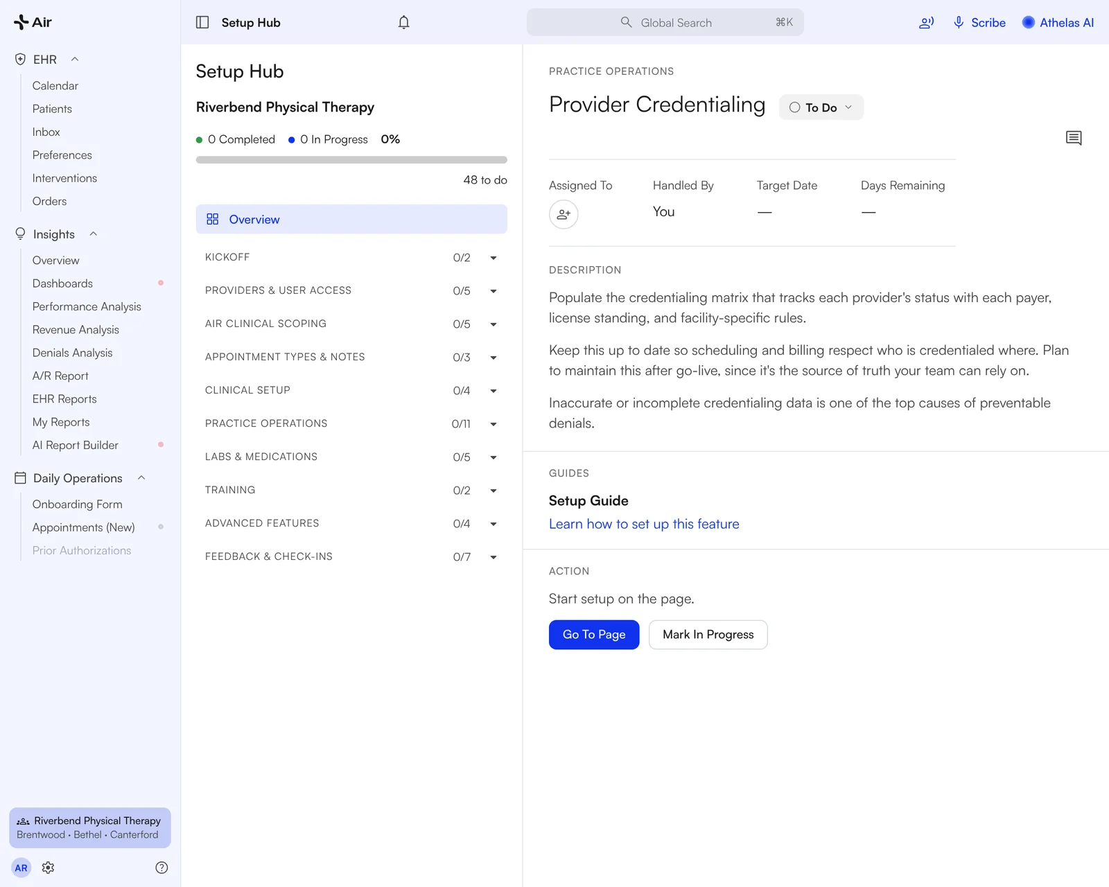 A Setup Hub task opened with status, owner, setup guide and Go To Page button