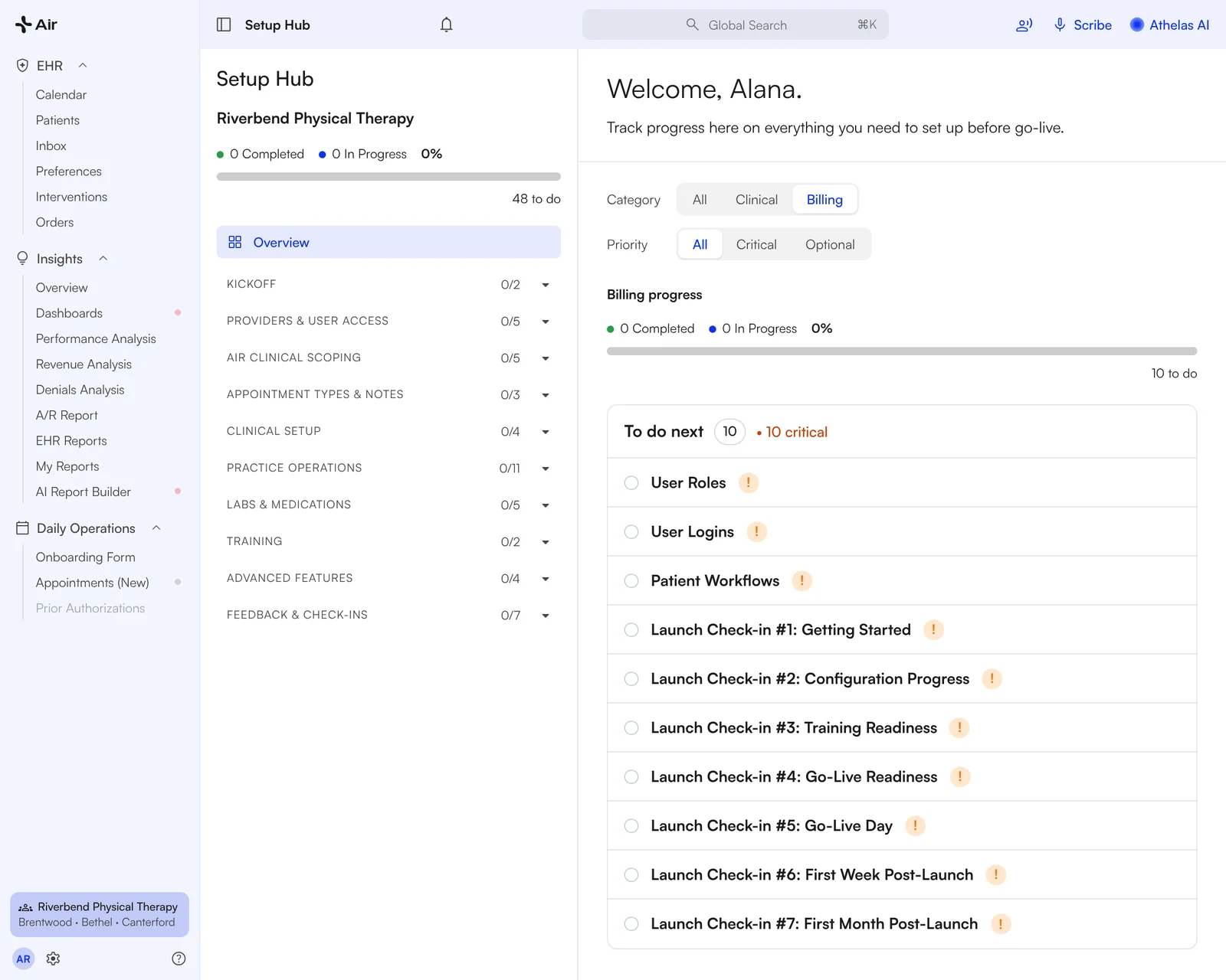Setup Hub with the Billing filter showing ten critical tasks