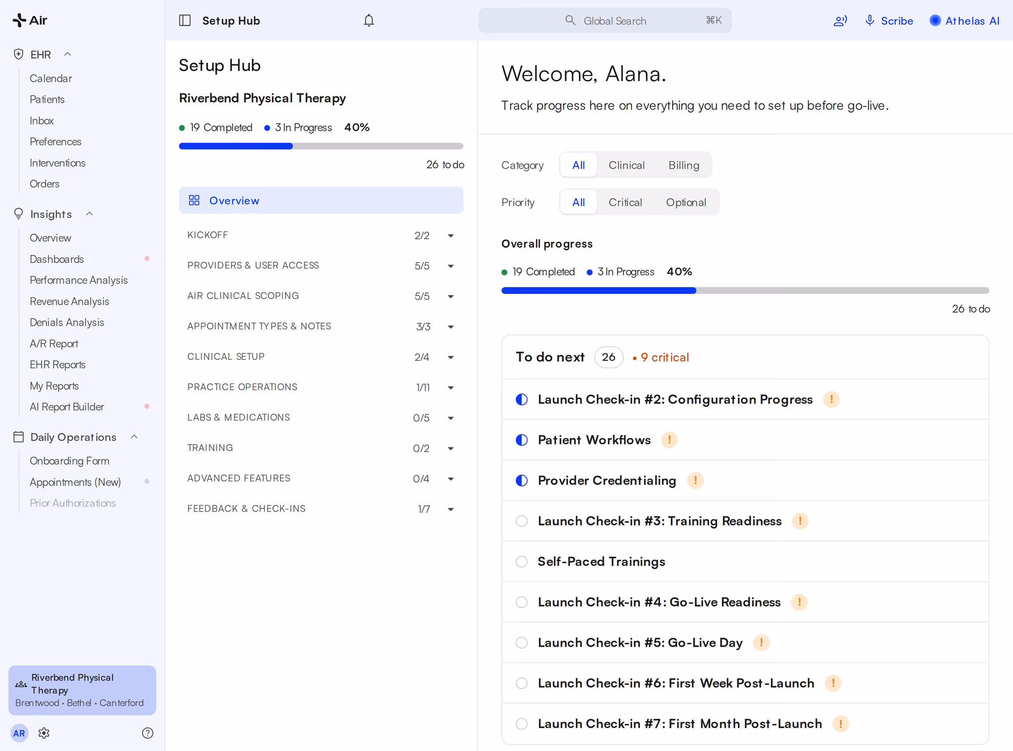 Setup Hub in Athelas Air showing setup progress and the launch check-ins before go-live