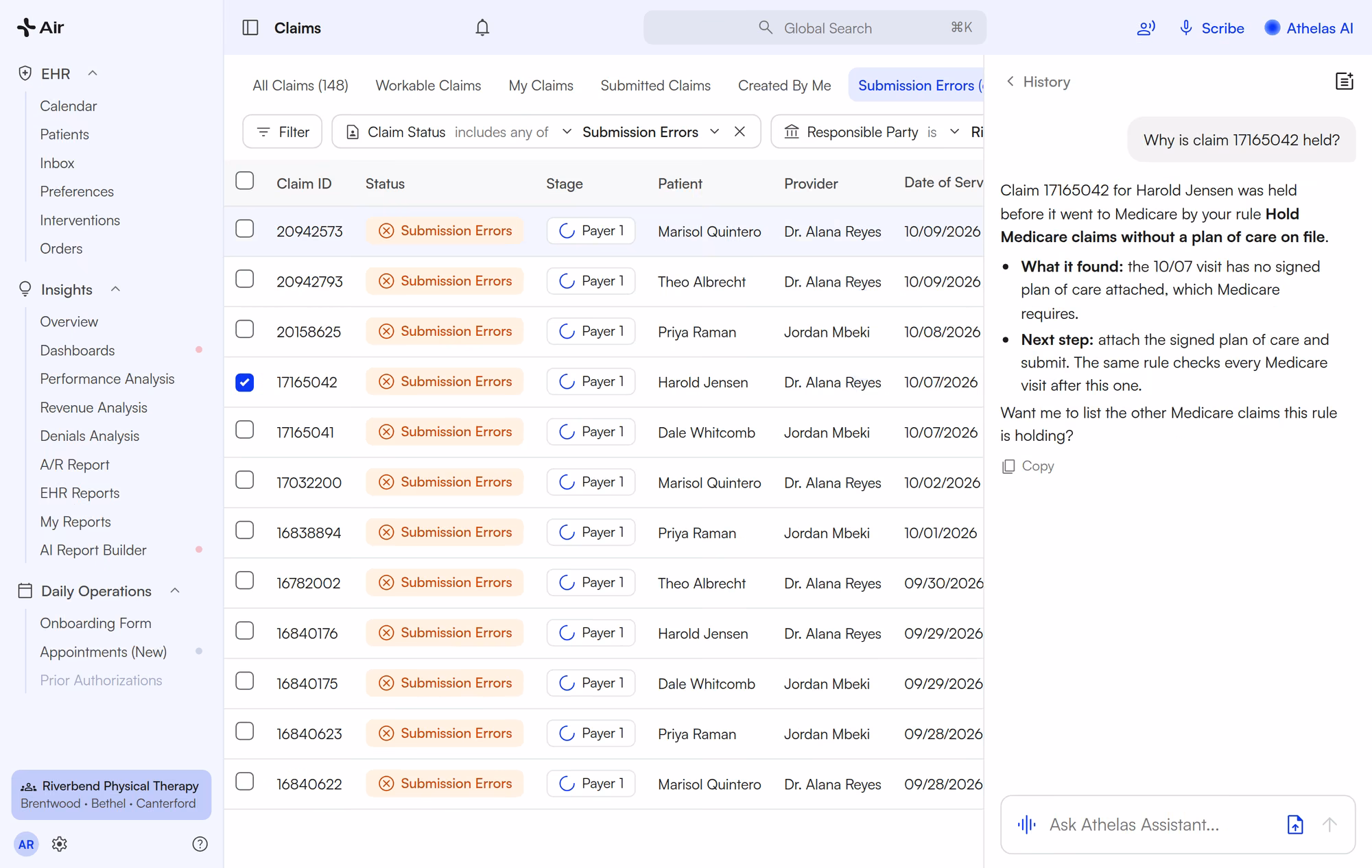 Air claims list on the Submission Errors tab, with Athelas AI explaining why a claim was held