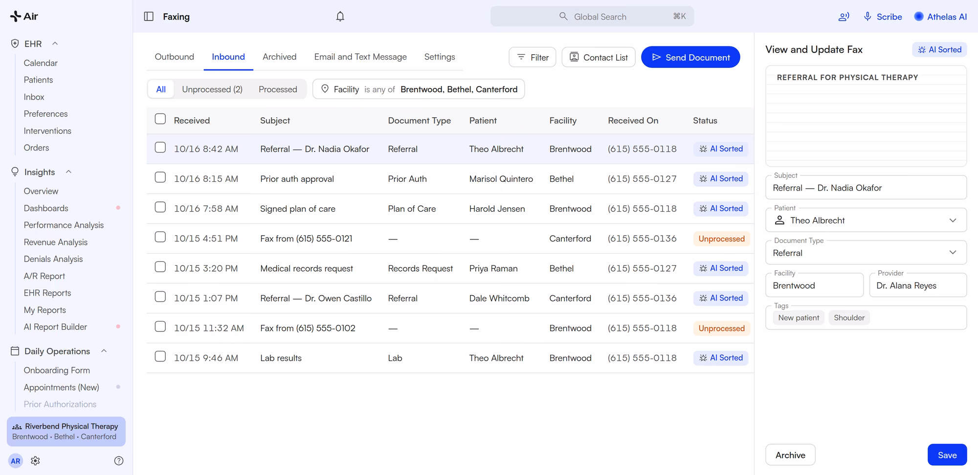 Air fax inbox with three clinic fax lines, AI Sorted labels and the View and Update Fax panel
