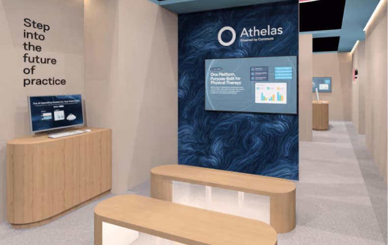 Athelas exhibition booth at PPS 2026, featuring digital displays, branded walls, and modern seating.