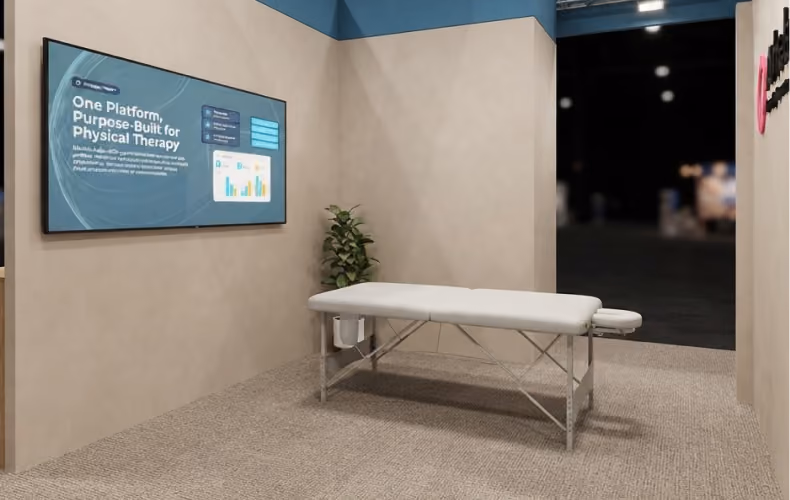 Athelas exhibition booth at PPS 2026, featuring a physical therapy treatment table and a digital display.