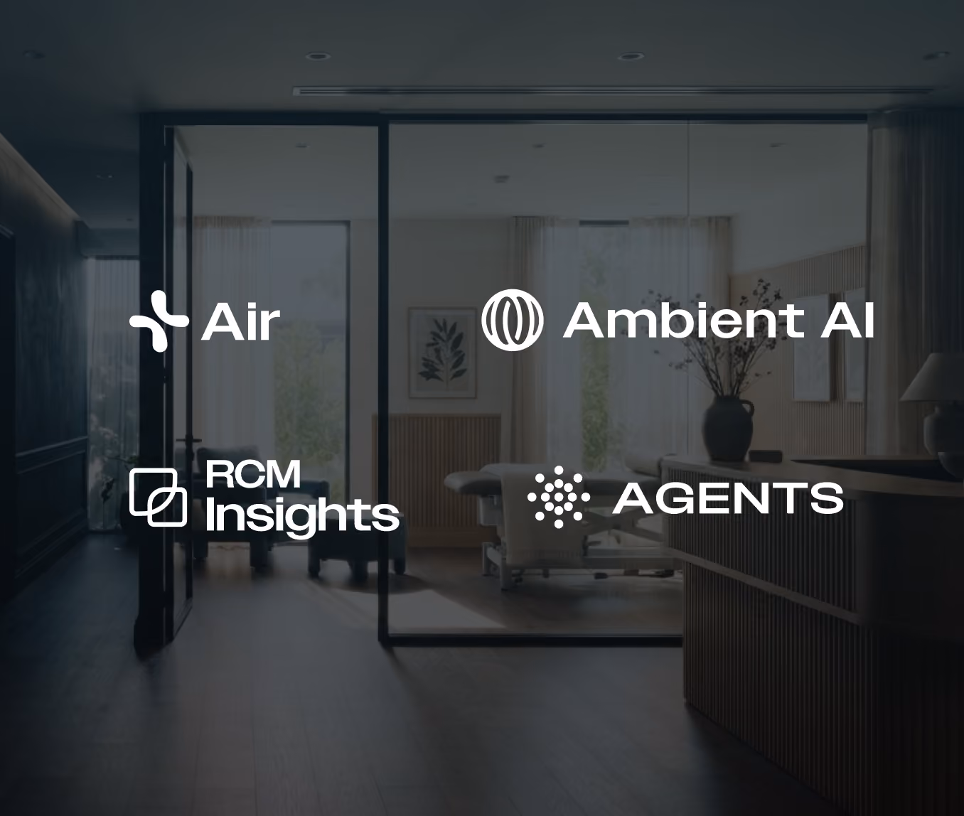 Air, Ambient AI, RCM Insights, and Agents logos displayed over a modern healthcare clinic interior.