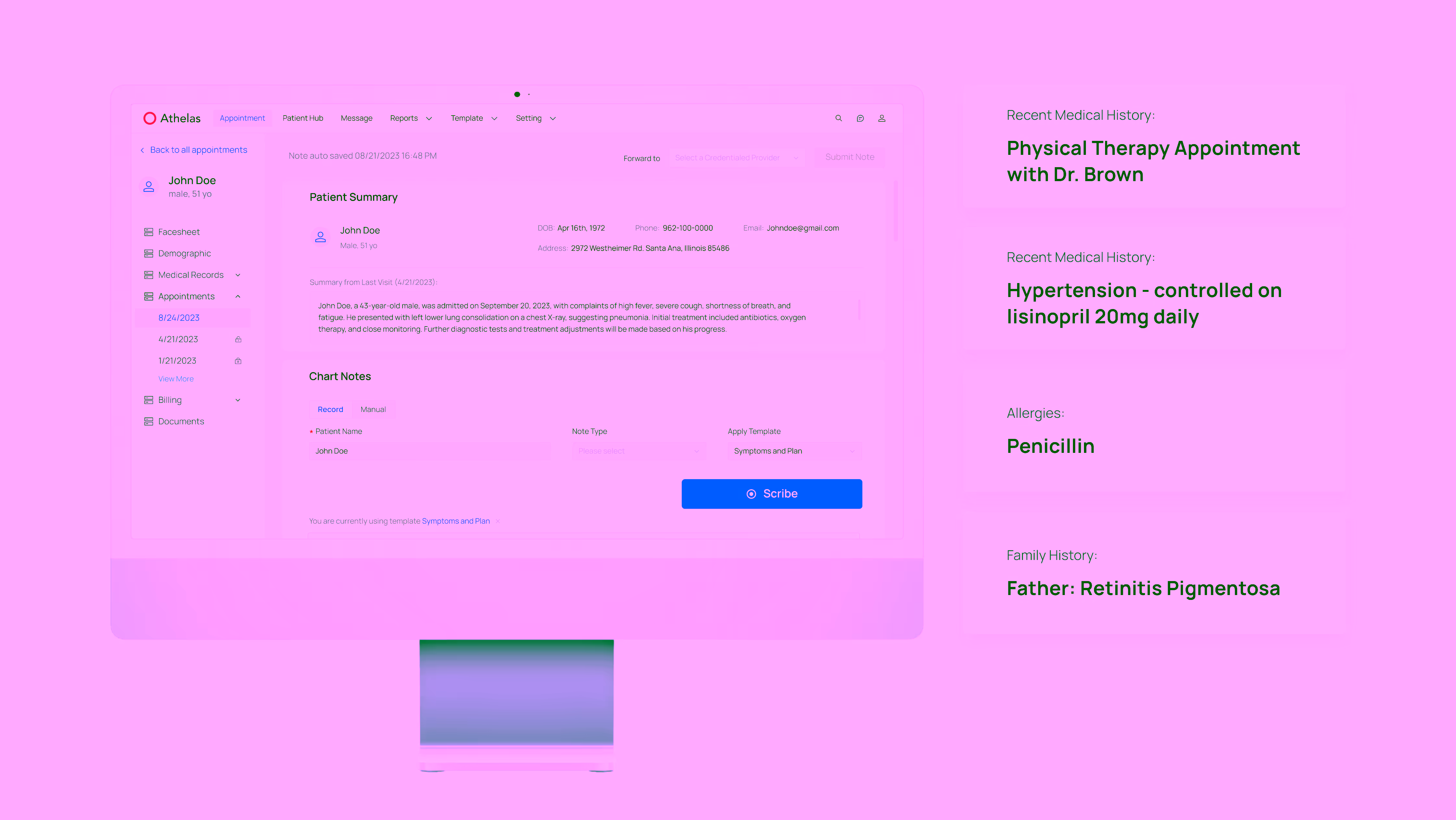 Medical software dashboard showing patient summary and notes.