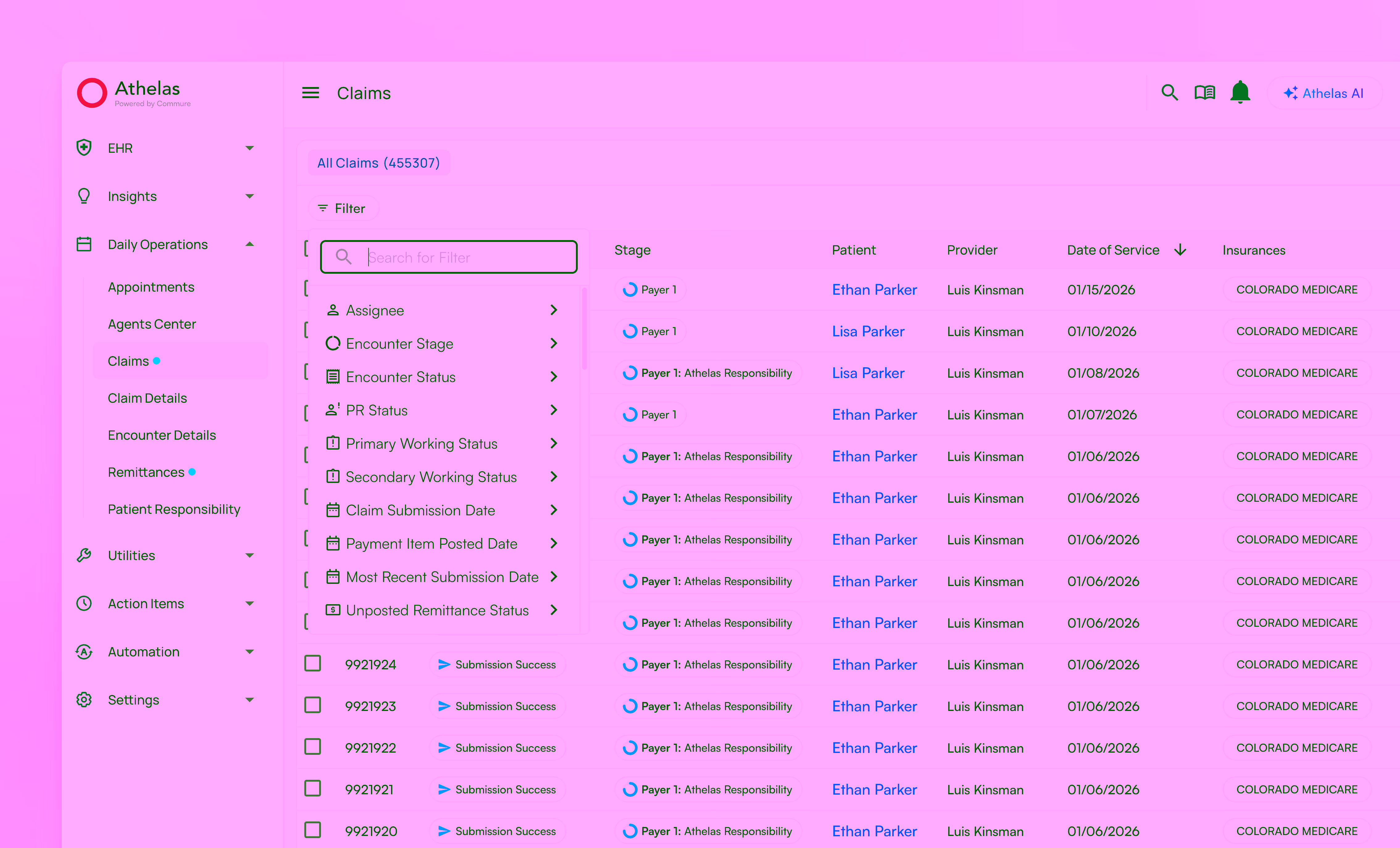 Medical claims dashboard with filter menu open.
