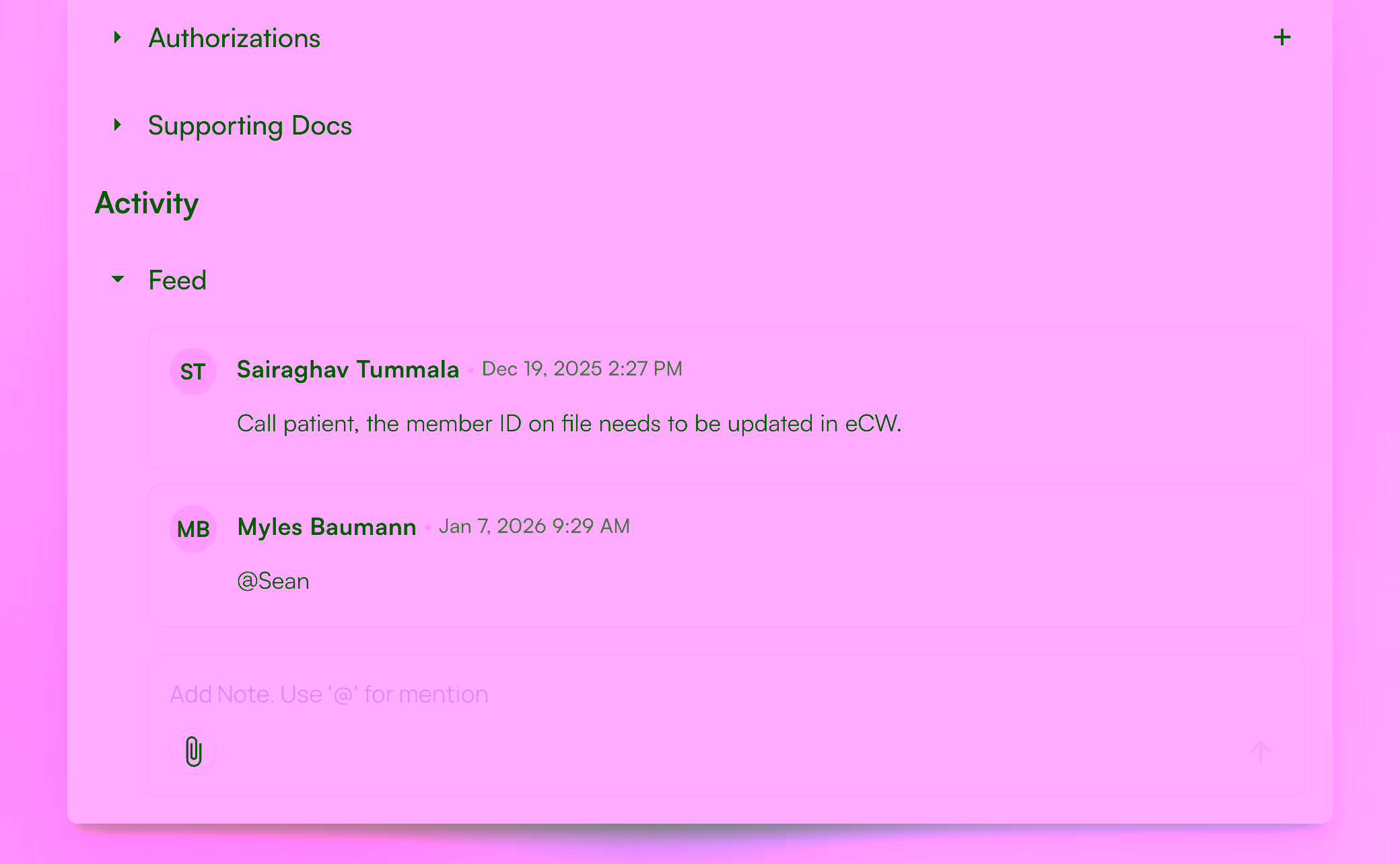Activity feed showing notes and comments on a claim.