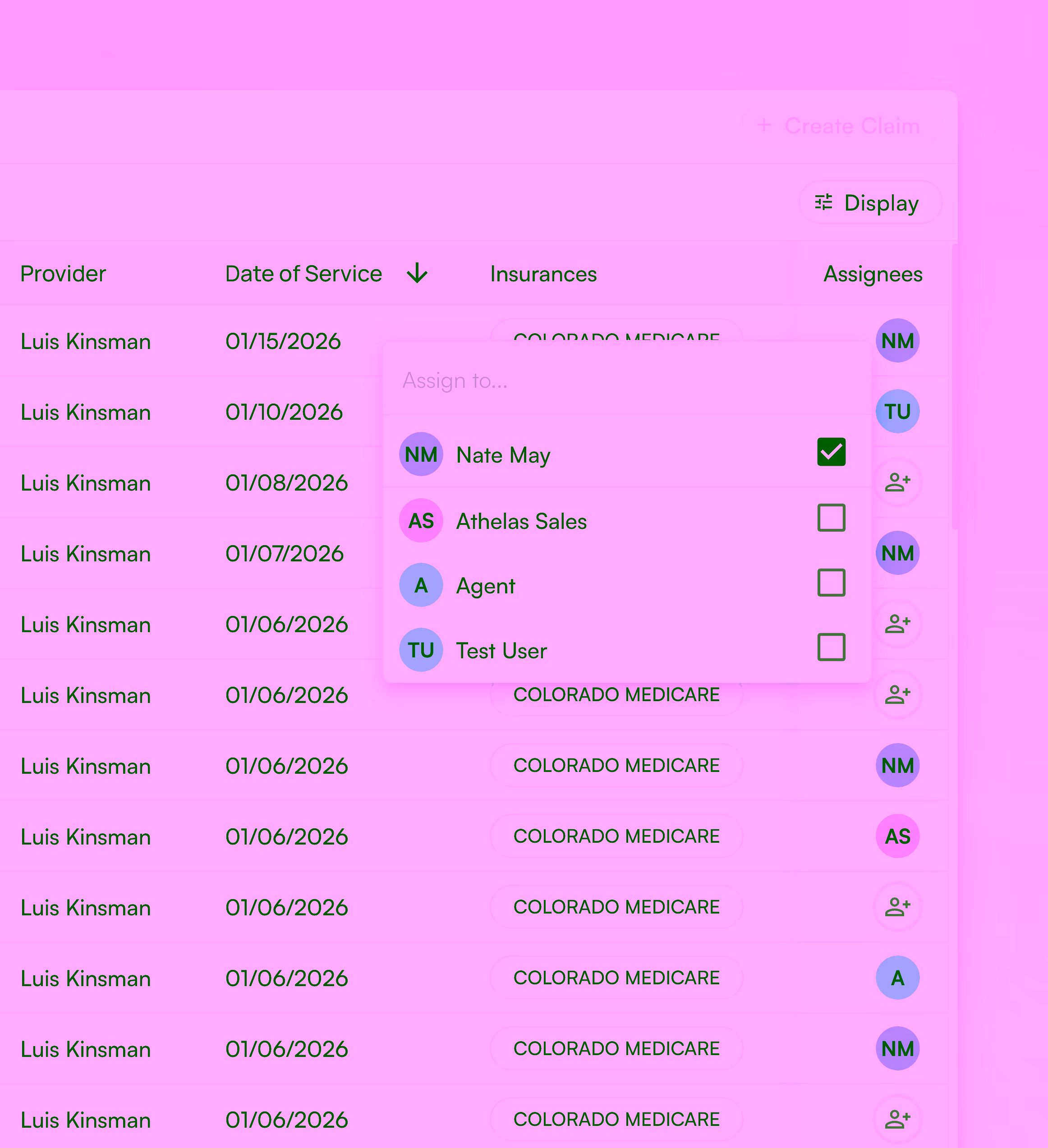 Claims dashboard showing a menu to assign users to a claim.
