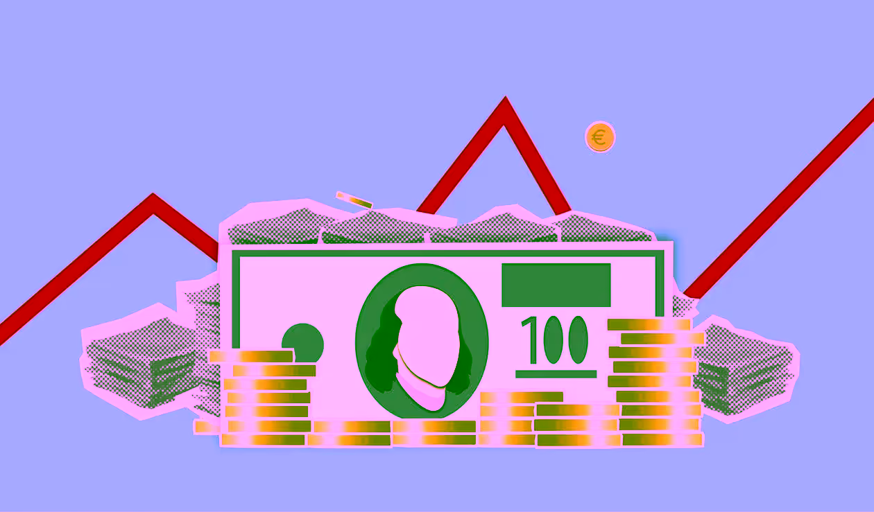 Illustration of money and coins with a rising financial graph.