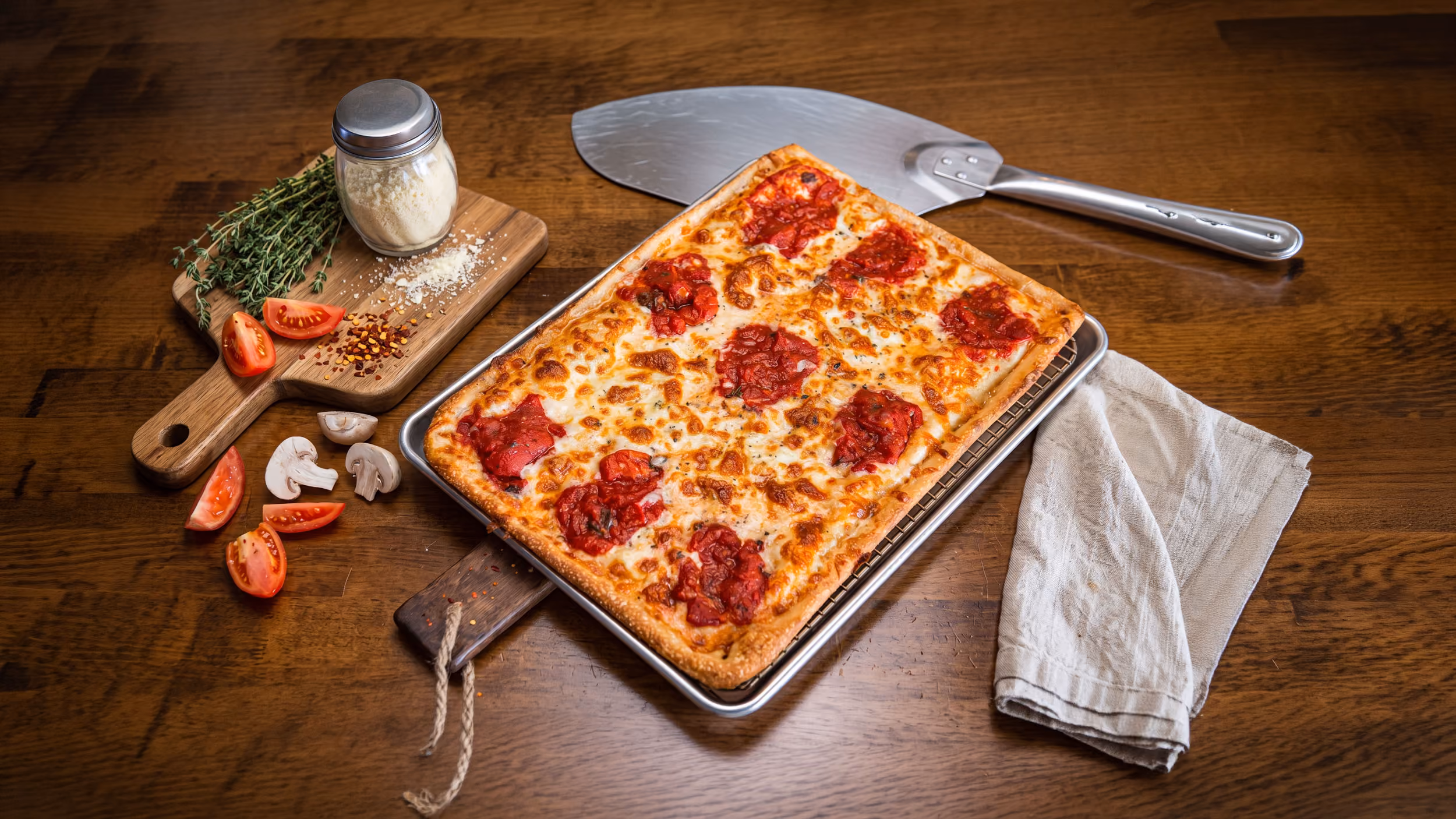 A rectangular pizza on a baking tray with a pizza slicer and ingredients on a wooden table.