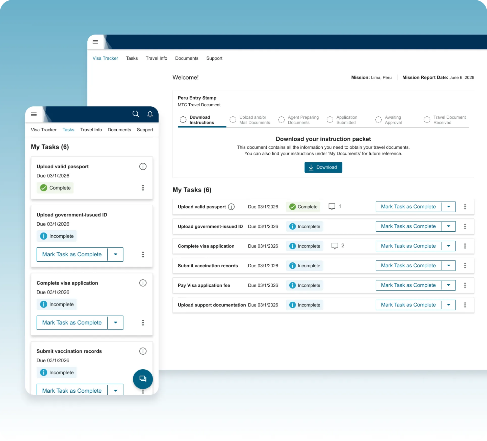 Peru entry stamp task list on desktop and mobile: six tasks such as upload passport, complete visa application, and submit vaccination records, each with a due date, status, and Mark Task as Complete button.