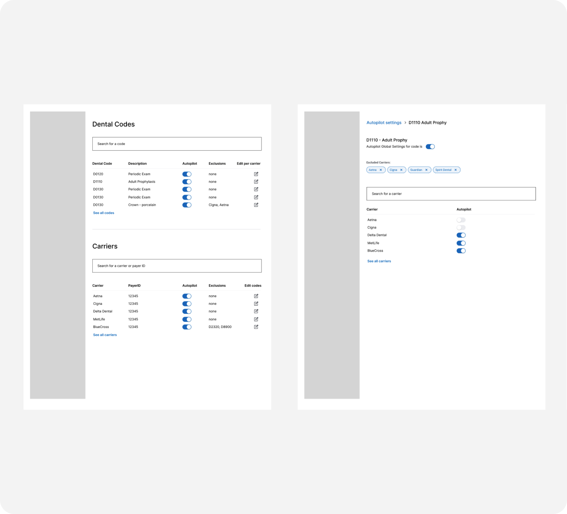 Early low-fidelity wireframes of Autopilot settings: one screen lists dental codes and one lists carriers, each with an on/off toggle and exclusions.