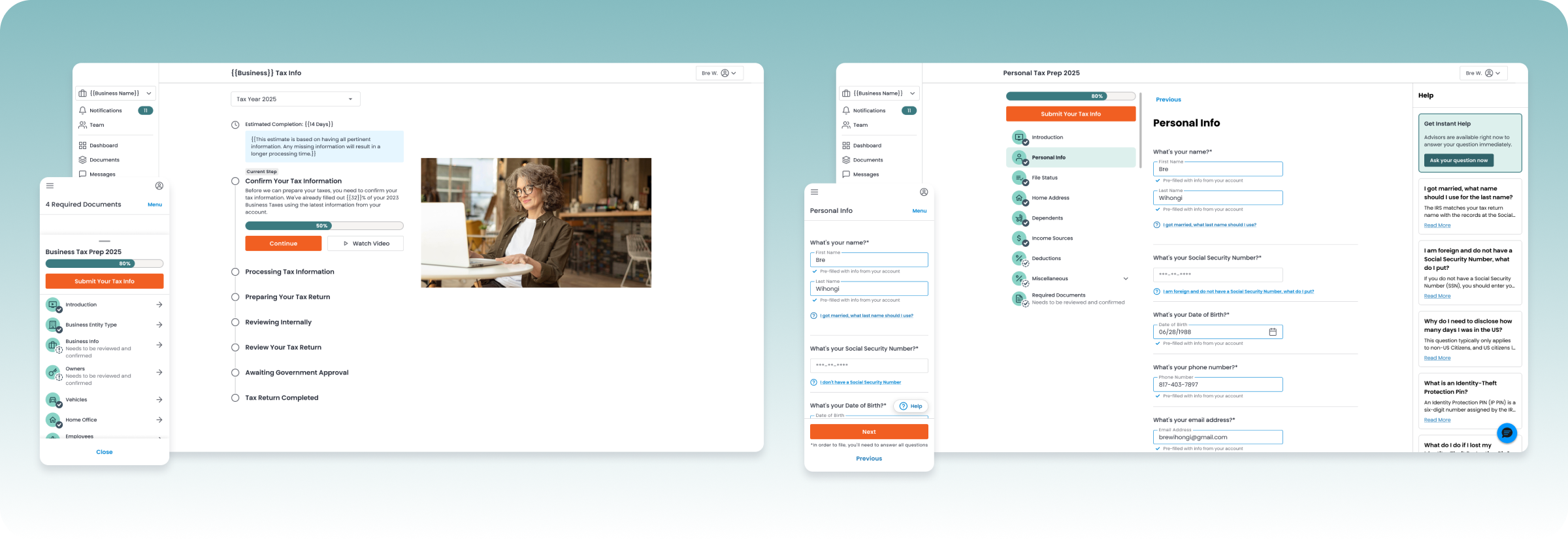 Final designs: a status tracker from confirming tax info through Tax Return Completed, a mobile section list, and the Personal Info step on desktop and mobile.