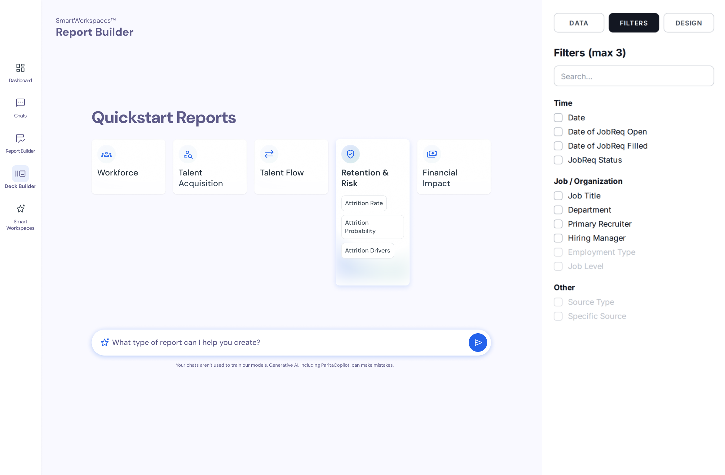 Report Builder with Quickstart Reports grouped by topic (Workforce, Talent Acquisition, Talent Flow, Retention & Risk, Financial Impact), a chat bar asking "What type of report can I help you create?", and a data panel for sources, categories, and dimensions.
